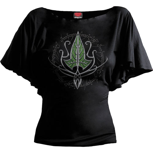 LORD OF THE RINGS - LOTR - FRODO LEAF - BOAT NECK BAT SLEEVE TOP BLACK