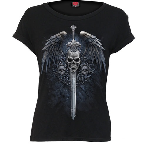 SPIRAL - ANGEL SWORD - BOATNECK CAP SLEEVE TOP BLACK