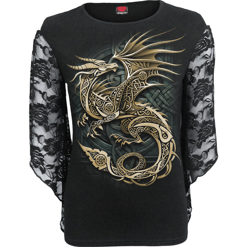 SPIRAL - CELTIC DRAGON - ROSE LACE SLEEVE TOP