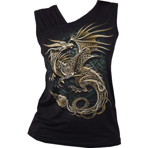 SPIRAL - CELTIC DRAGON - GATHERED SHOULDER SLANT VEST BLACK