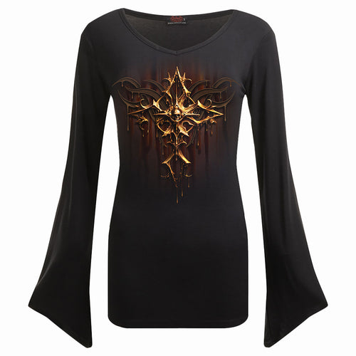 SPIRAL - DRIPPING GOLD - V NECK GOTH SLEEVE TOP BLACK