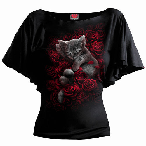 SPIRAL - BED OF ROSES - BOAT NECK BAT SLEEVE TOP BLACK