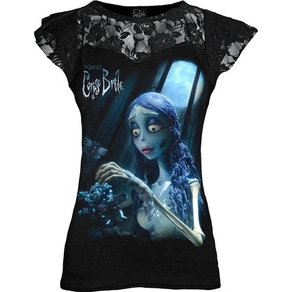 SPIRAL - CORPSE BRIDE - GLOW IN THE DARK - Lace Layered Cap Sleeve Top Black