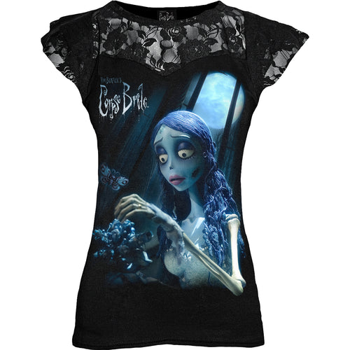 SPIRAL - CORPSE BRIDE - GLOW IN THE DARK - LACE LAYERED CAP SLEEVE TOP BLACK