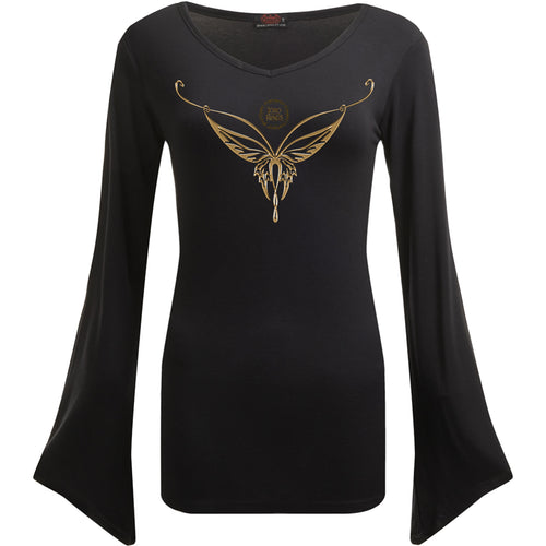 LORD OF THE RINGS - LOTR - ELVEN NECKLACE - V NECK GOTH SLEEVE TOP BLACK