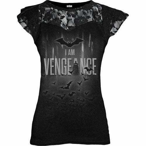 THE BATMAN - I AM VENGEANCE - LACE LAYERED CAP SLEEVE TOP BLACK