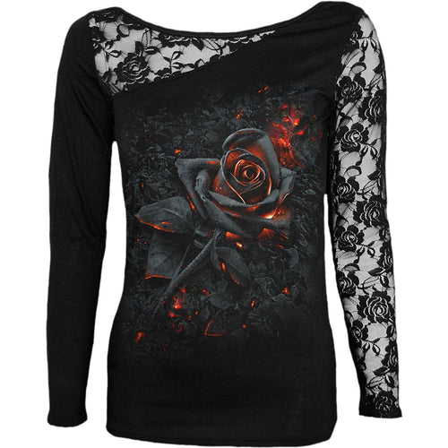 SPIRAL - BURNT ROSE - LACE ONE SHOULDER TOP BLACK