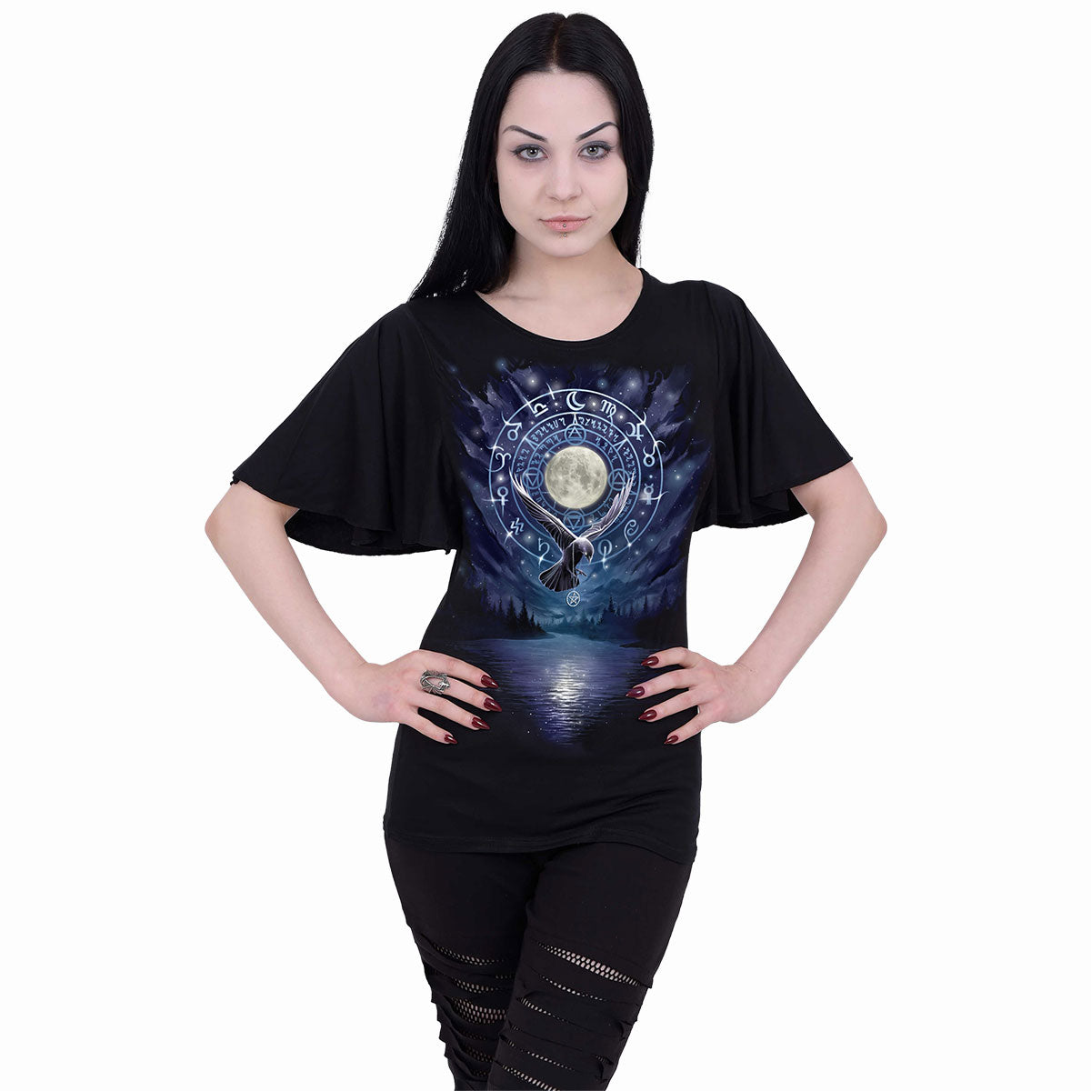 SPIRAL - WITCHCRAFT - BOAT NECK BAT SLEEVE TOP BLACK