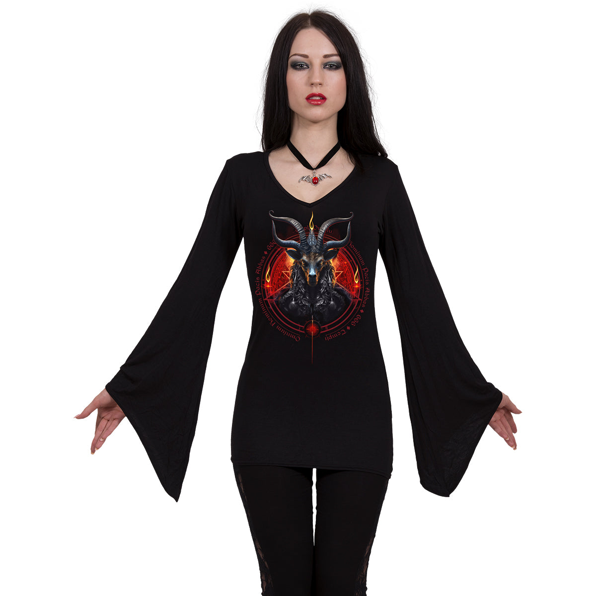 SPIRAL - BAPHOMET - V NECK GOTH SLEEVE TOP BLACK