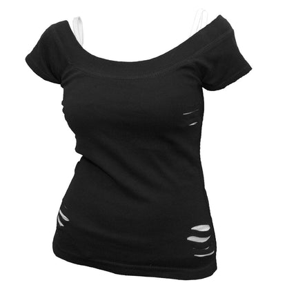 URBAN FASHION - 2in1 White Ripped Top Black - Spiral USA