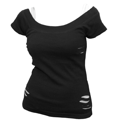 SPIRAL - URBAN FASHION - 2IN1 WHITE RIPPED TOP BLACK