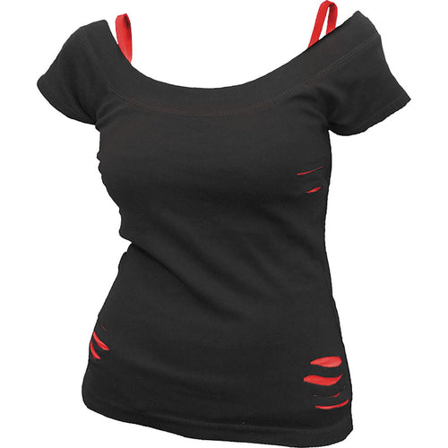 SPIRAL - URBAN FASHION - 2IN1 RED RIPPED TOP BLACK