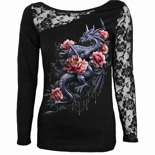 SPIRAL - DRAGON ROSE SLANT - LACE ONE SHOULDER TOP BLACK