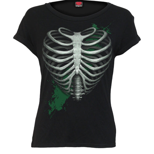 SPIRAL - HEART RIBS - GLOW IN THE DARK - BOATNECK CAP SLEEVE TOP BLACK