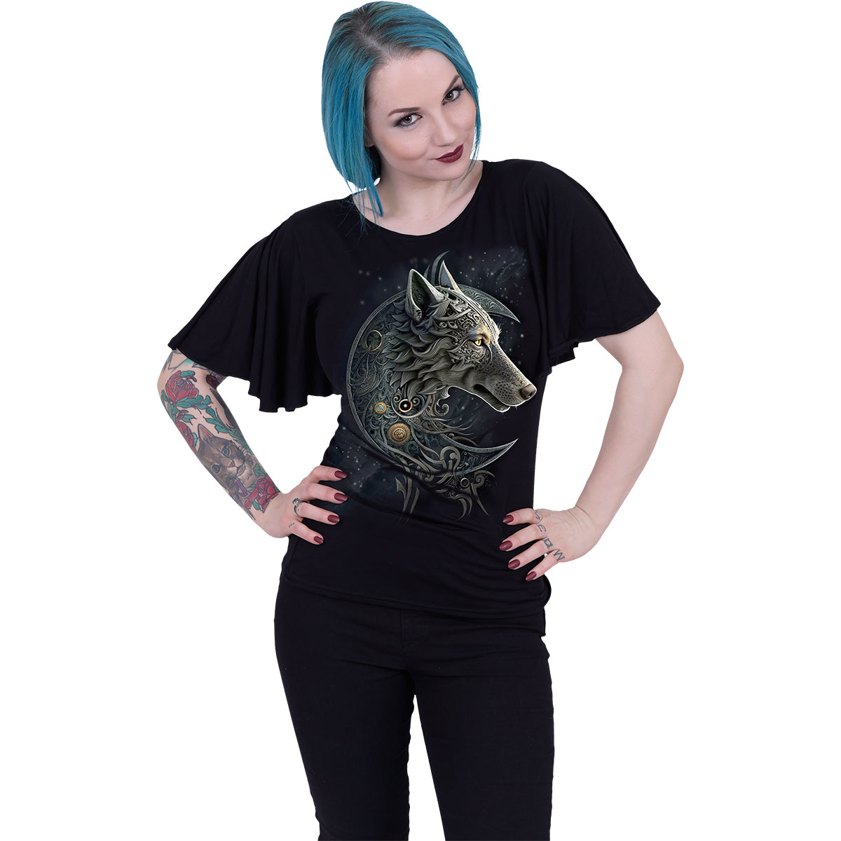 SPIRAL - CELTIC WOLF - BOAT NECK BAT SLEEVE TOP BLACK