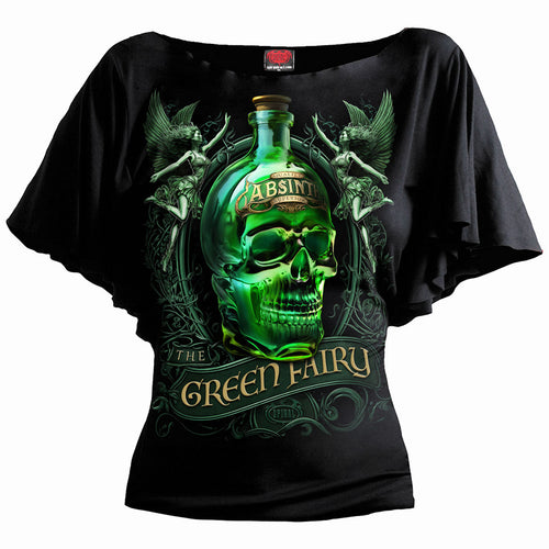 SPIRAL - THE GREEN FAIRY - BOAT NECK BAT SLEEVE TOP BLACK