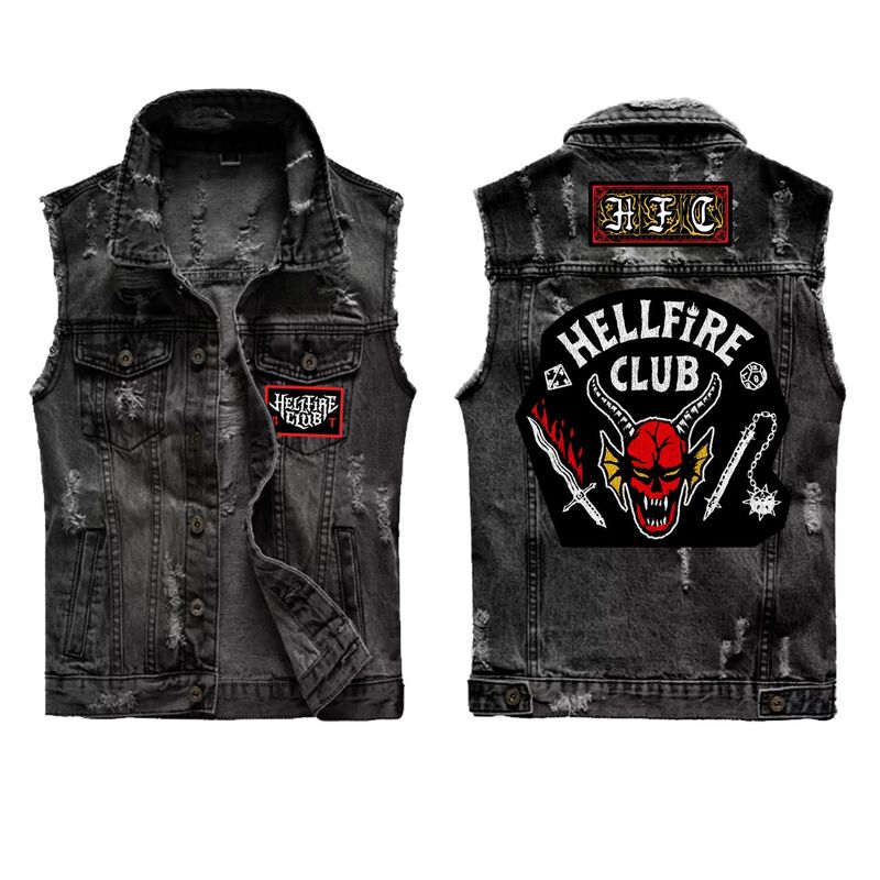 Stranger Things - Hellfire Club (Denim Sleeveless Jacket) JET BLACK - Super Heroes Collection - Denim Sleeveless Jacket