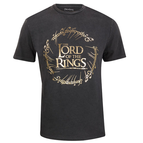 Lord of the Rings - Gold Foil Logotipo de lavado de ácido - Colina de superhéroes - Camiseta de lavado de ácido unisex